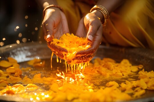 Close-up of bowl of haldi or turmeric for wedding ceremony