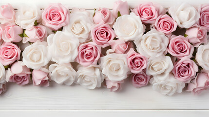 Roses on pink background with copy space. Abstract natural floral frame layout with text space,Generated by AI