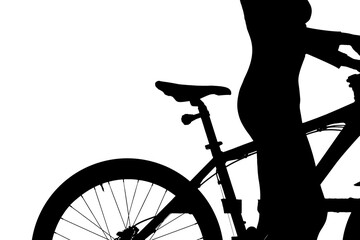 Black silhouette girl standing with bike, close up of bicycle seat and body, isolated on white background alpha channel. - obrazy, fototapety, plakaty