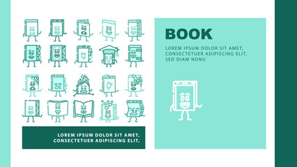 book character school landing web page vector. study education, library, children, poster literature, girl notebook, student book character school Illustration