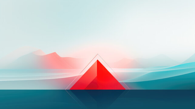 Minimalist Seascape A Cartoon Style Landscape Drawing of a Coastal Scene with a Red Triangle
