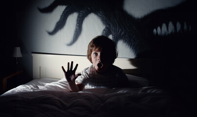 Monster in bedroom of child. Dark scary shadows. Fear of darkness concept. Little child scared of monster from nightmare. Lying in bed without sleep and being afraid of ghost. copy space