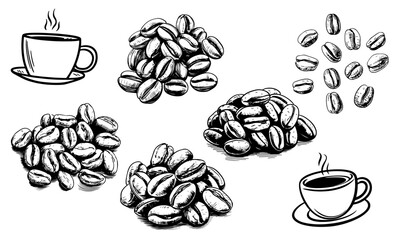coffee beans and a cup of coffee hand drawn - obrazy, fototapety, plakaty