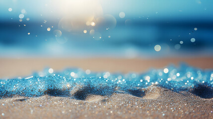 Sand With Blue Sea, Beach Summer Defocused Background With Glittering Of Sunlights,Generated by AI