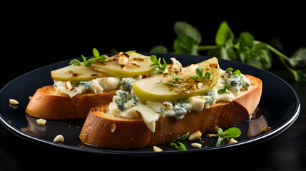Sandwich or bruschetta with pear and blue cheese on white plate on black background, copy space,Generated by AI