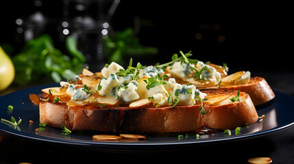 Sandwich or bruschetta with pear and blue cheese on white plate on black background, copy space,Generated by AI