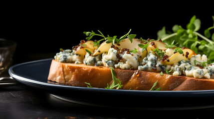 Sandwich or bruschetta with pear and blue cheese on white plate on black background, copy space,Generated by AI