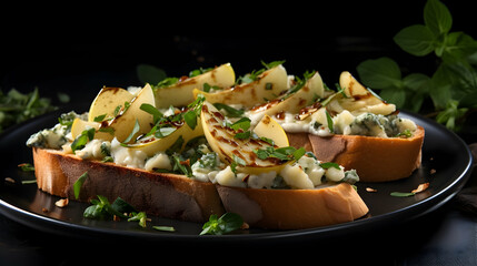 Sandwich or bruschetta with pear and blue cheese on white plate on black background, copy space,Generated by AI