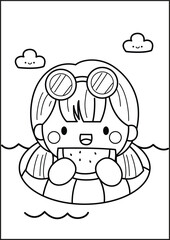 a vector of cute girl on holiday in black and white coloring