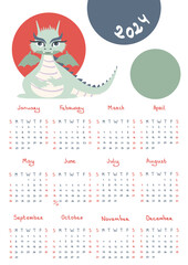 Calendar for 2024 with cute dragon, the Chinese symbol of the year. Illustration of the Year of the Dragon in 2024. Vector illustrations for kids.