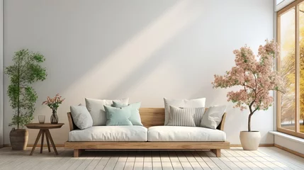 Tuinposter Intérieur de salon scandinave de printemps moderne. Canapé avec coussins en lin rayé bleu pâle. Fleurs de prunier cerisier dans un vase. IA générative, IA © Merilno