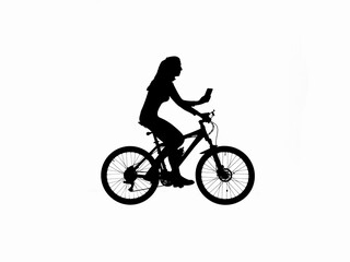 Black silhouette of female texting on smartphone riding a bike, isolated on white background alpha channel.