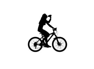Black silhouette of female drinking water from bottle on a bike, isolated on white background alpha channel.