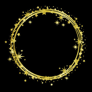 Vector gold sparkles. Gold glitter circle. Frame with glitter for logo, icon, vip card, gift