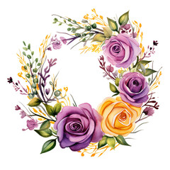Purple Pink Orange Watercolor Peonies and Roses circle, frame isolated on transparent background PNG. Bouquet floral arrangement of fresh flowers from the garden. Useful as a wedding or greeting card.