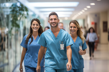 équipe médicale d'un hôpital qui marchent heureux dans les couloirs