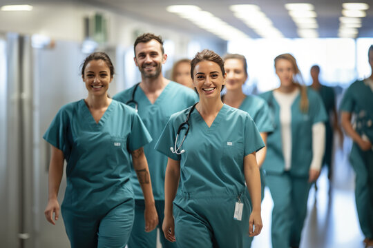 &eacute;quipe m&eacute;dicale d'un h&ocirc;pital qui marchent heureux dans les couloirs