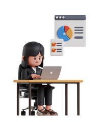 3d Illustration of Cartoon businesswoman working on laptop at office desk