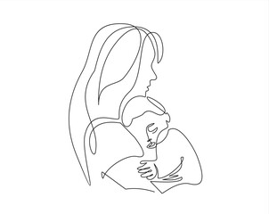 Happy Mother day card. Continuous one line drawing. Woman hold her baby. Vector illustration