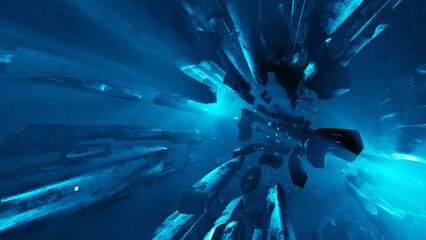 Tunnel of flying steel blocks in blue dim light space. Abstract background - obrazy, fototapety, plakaty