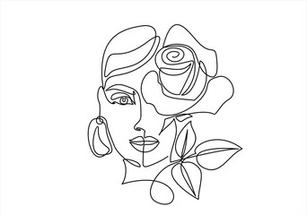 Fototapeta premium Continuous one line drawing. Style templates with abstract female face and rose. Modern minimalist simple linear style. Beauty fashion design