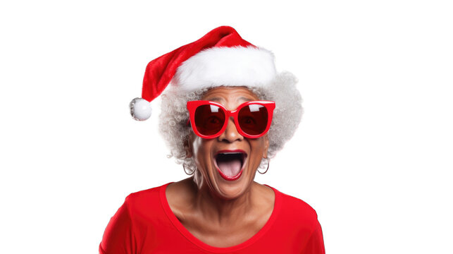 Close Up Portrait Of Mature Black Woman Wearing Santa Claus Hat During Christmas. Transparent Background Or PNG File. Generated By AI 