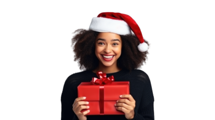 Portrait of a black girl with a gift in her hands and a santa hat. Transparent background or PNG file. Generated by AI