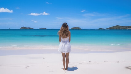 femme seule de dos sur une plage déserte des caraïbes, eau turquoise et ciel bleu - obrazy, fototapety, plakaty