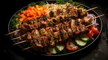 top view of plate with skewers sticks of pork with vegetables,Generated with AI.