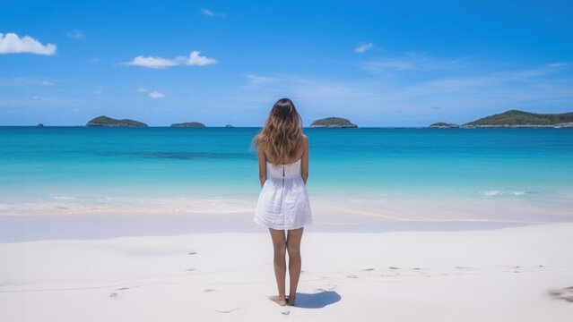 femme seule de dos sur une plage déserte des caraïbes, eau turquoise et ciel bleu