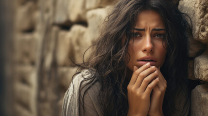 dark-haired Middle Eastern young woman covers her mouth with her hands and grieves among the stone walls, ruins, war, depression, fear, grief, pain, scared girl, emotion, facial expression, ruins