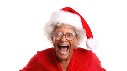 Close up portrait of mature black woman wearing Santa Claus hat during Christmas. Transparent background or PNG file. Generated by AI 