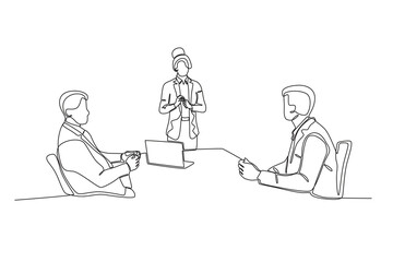 A leader meeting with his employees. Corporate leader one-line drawing