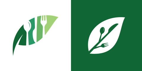 The logo design combines the shape of a food bowl with leaves, suitable for a logo for healthy food or organic food. - obrazy, fototapety, plakaty