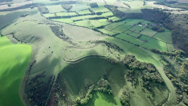 Amazing aerial view of the Beacon Hill Iron Age Hill Fort, located in Newbury, Berkshire, United Kingdom