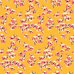 Seamless floral pattern, artistic ditsy print with retro motif. Colorful liberty ditsy print with small cute plants: tiny hand drawn flowers, leaves on a bright yellow background. Vector illustration. © Yulya i Kot