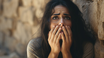 dark-haired Middle Eastern young woman covers her mouth with her hands and grieves among the stone walls, ruins, war, depression, fear, grief, pain, scared girl, emotion, facial expression, ruins - obrazy, fototapety, plakaty