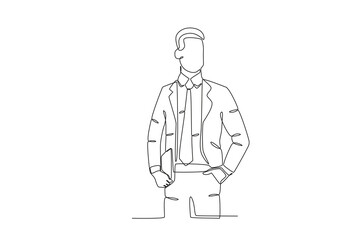 A leader stands holding a company file. Corporate leader one-line drawing