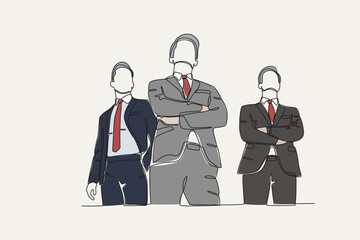 Color illustration of three male leaders. Corporate leader one-line drawing