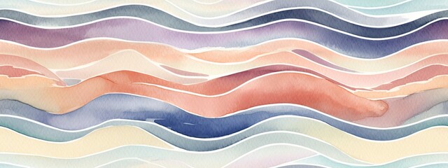 Seamless Abstract playful hand drawn fine line watercolor stripes rolling hills landscape pattern in opalescent pale and white. Baby girl boy pattern, nautical theme. textile texture background