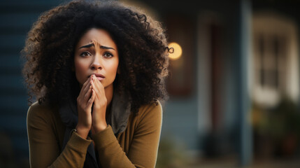 Fototapeta na wymiar upset black young woman grieving and covering her mouth with her hands, depression, fear, anxiety, grief, sadness, african american girl, portrait, emotional face, expression, curly hair, female, eyes