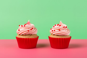 Creamy cupcakes, red fruity berries decoration, creative traditional dessert, mint green background.