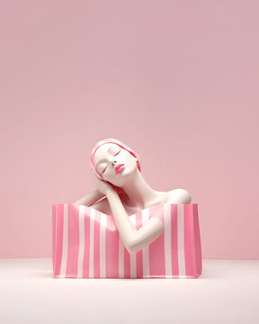 Shooping window mannequien, creative fashion trend composition, pastel pink striped bag