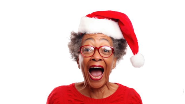 Close up portrait of mature black woman wearing Santa Claus hat during Christmas. Transparent background or PNG file. Generated by AI 