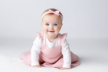 Portrait of cute little baby girl with big blue eyes on white background. Happy healthy childhood concept. Generative AI