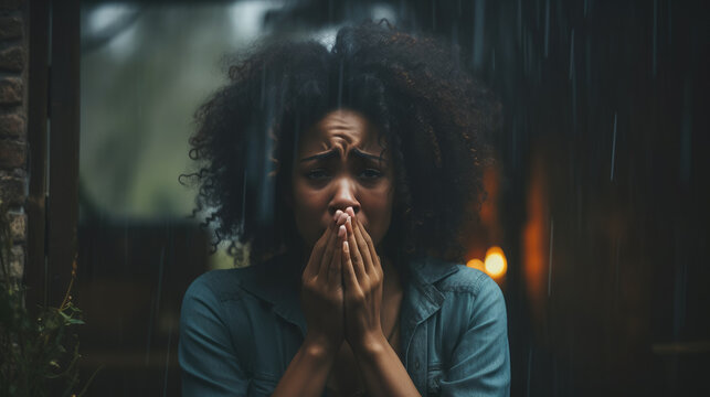 Upset Black Young Woman Grieving And Covering Her Mouth With Her Hands, Depression, Fear, Anxiety, Grief, Sadness, African American Girl, Portrait, Emotional Face, Expression, Curly Hair, Female, Eyes