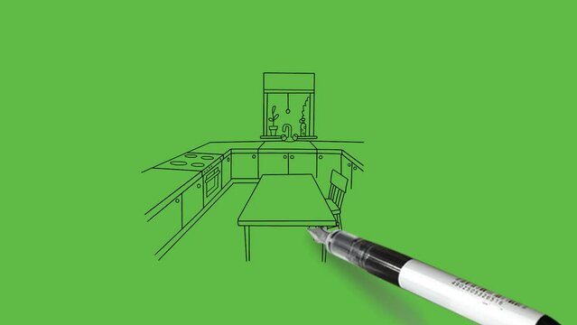draw outline sketch of modern kitchen with seating plan with black outline on abstract green screen background     
