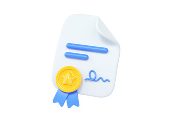 3d diploma certificate icon - paper document or graduate list with yellow medal and ribbon. Student qualification