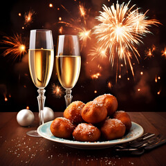 Dutch oliebollen with champagne and fireworks at new years eve