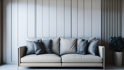 an AI image of a beige corner sofa placed against a wooden paneling wall in a minimalist interior design of a modern living room."